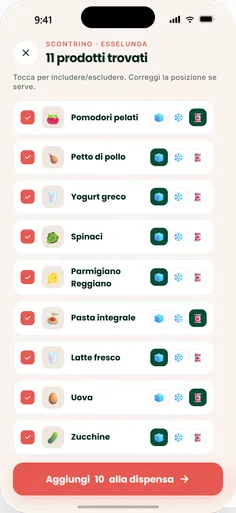 Schermata di SAVI dopo la scansione di uno scontrino Esselunga: undici prodotti riconosciuti, ognuno con la posizione suggerita fra frigo, freezer e dispensa.